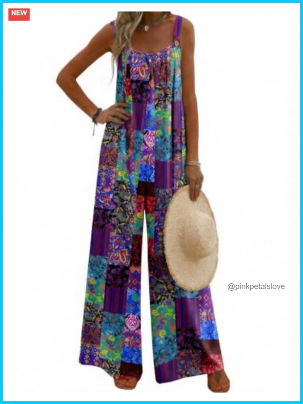 Ekouaer Women's Loose Fit Boho Overalls Adjustable Straps Wide Leg Jumpsuit